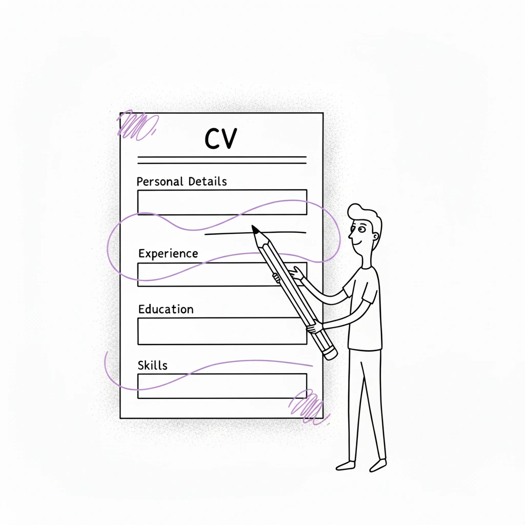Beispiel eines englischen CV mit markierten Sektionen: Personal Details, Professional Summary, Work Experience, Education, Skills und References