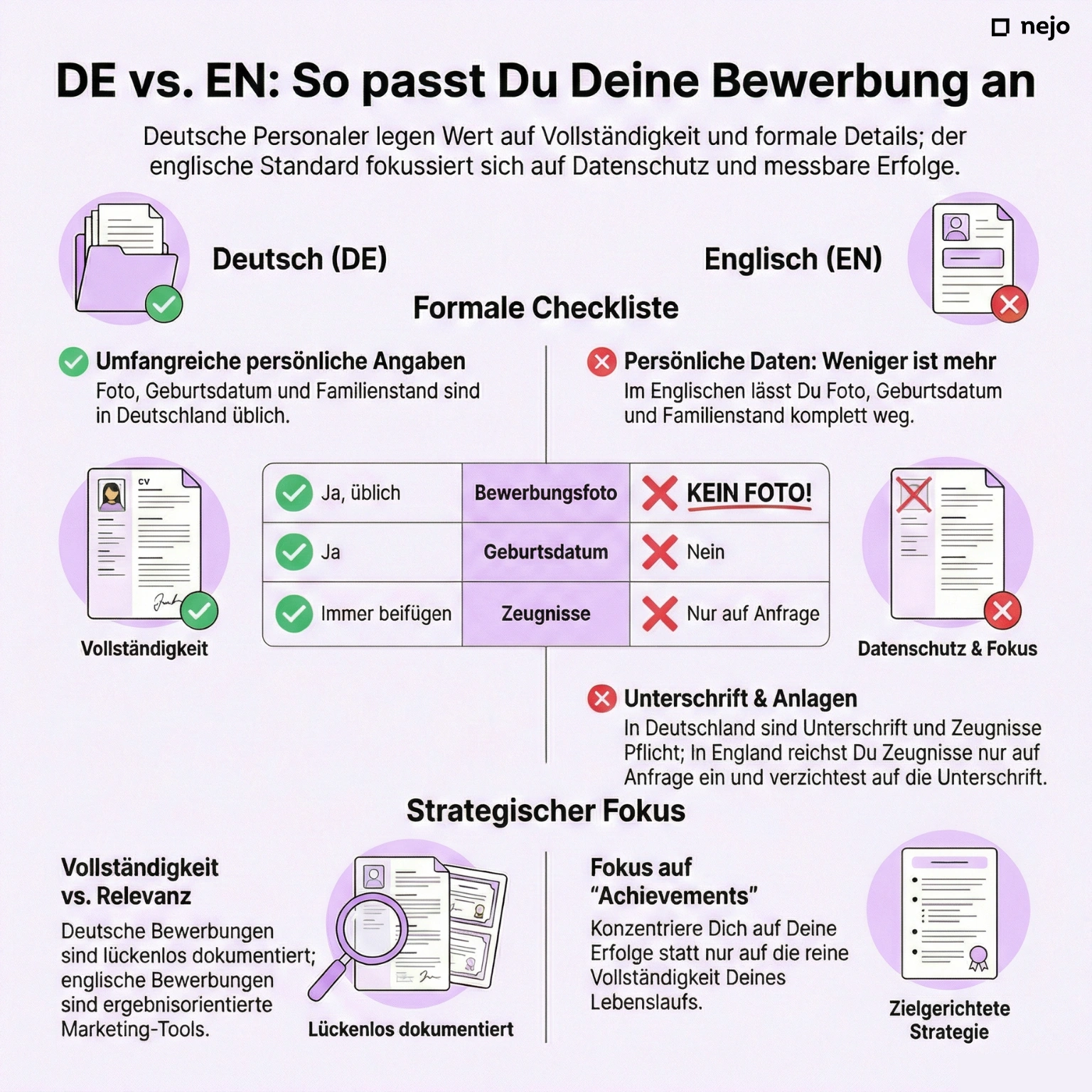 Infografik: Vergleich deutsche vs. englische Bewerbung – Unterschiede bei Foto, persönlichen Daten, Zeugnissen und Fokus