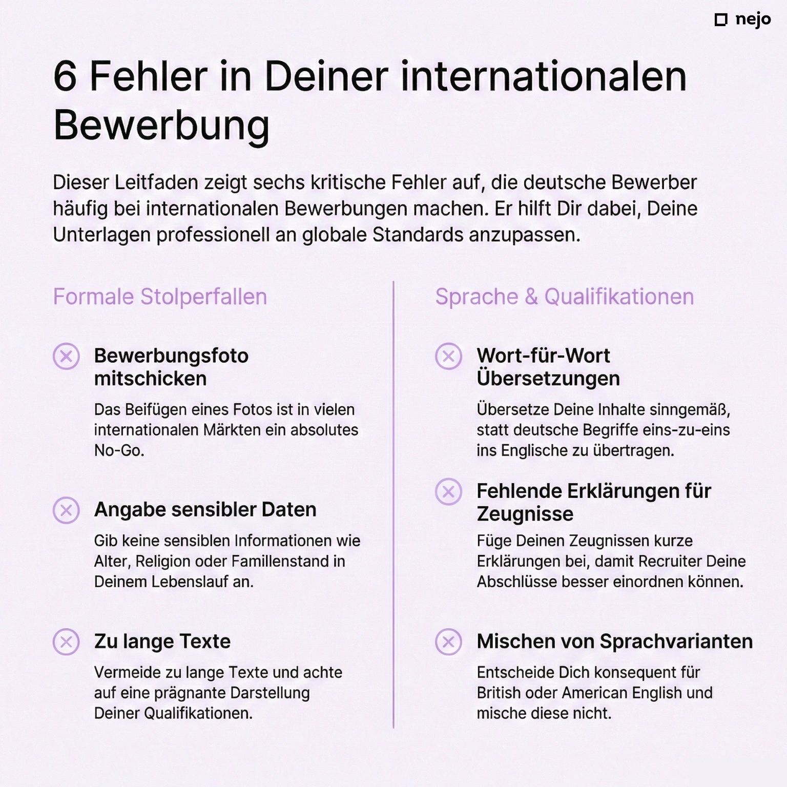Infografik: Die 6 häufigsten Fehler bei englischen Bewerbungen – Foto, persönliche Daten, wörtliche Übersetzung, Zeugnisse, Textlänge, Sprachmischung