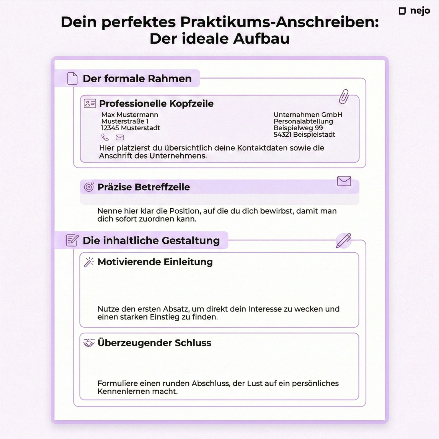 Beispiel-Anschreiben für Praktikum mit Markierungen der wichtigsten Elemente