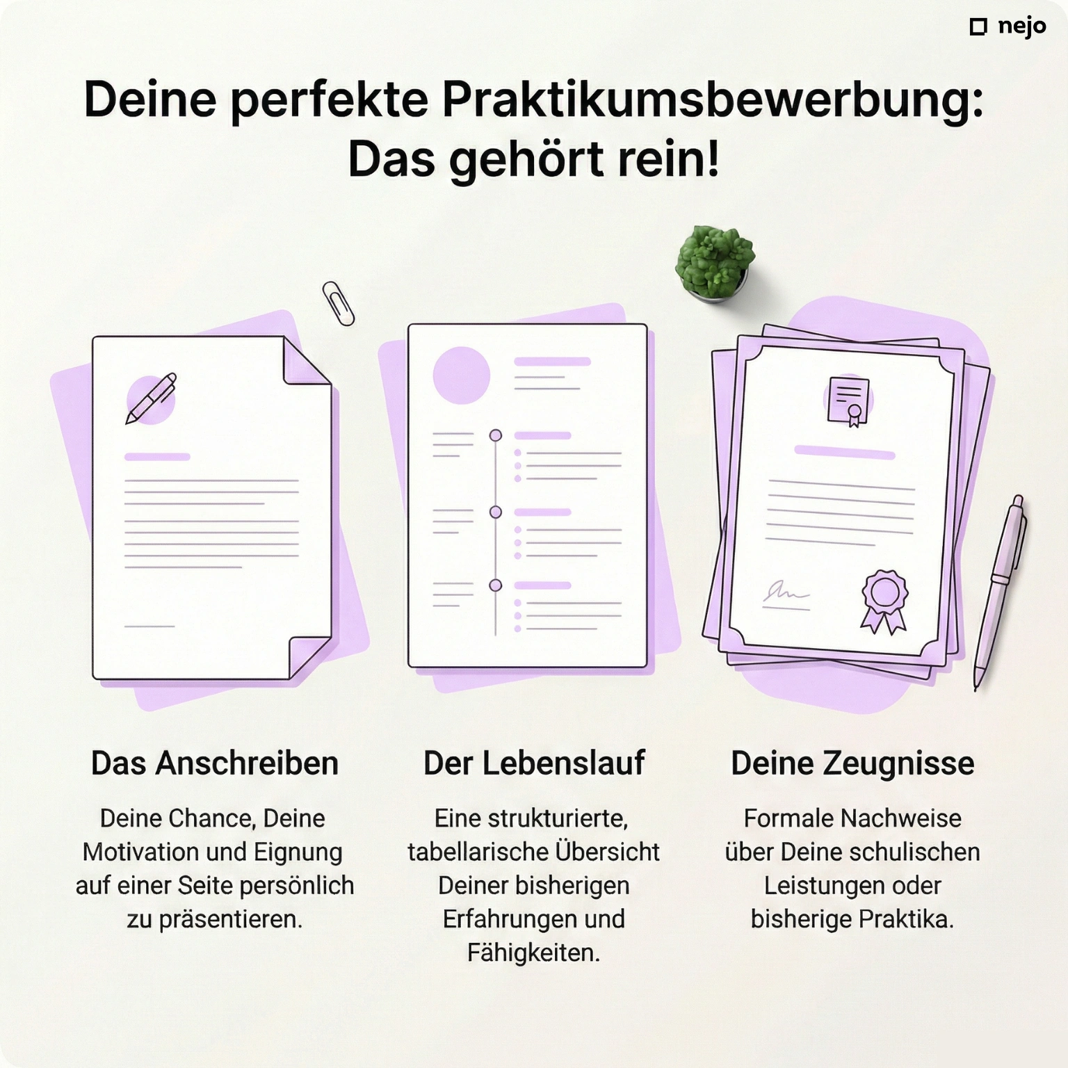 Flat-lay einer Praktikumsbewerbung mit Anschreiben, Lebenslauf und Zeugnis