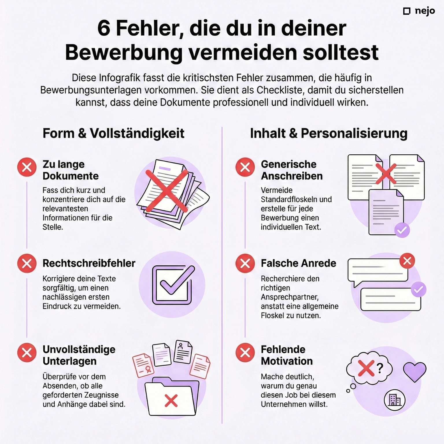 Infografik mit sechs häufigen Fehlern bei Praktikumsbewerbungen