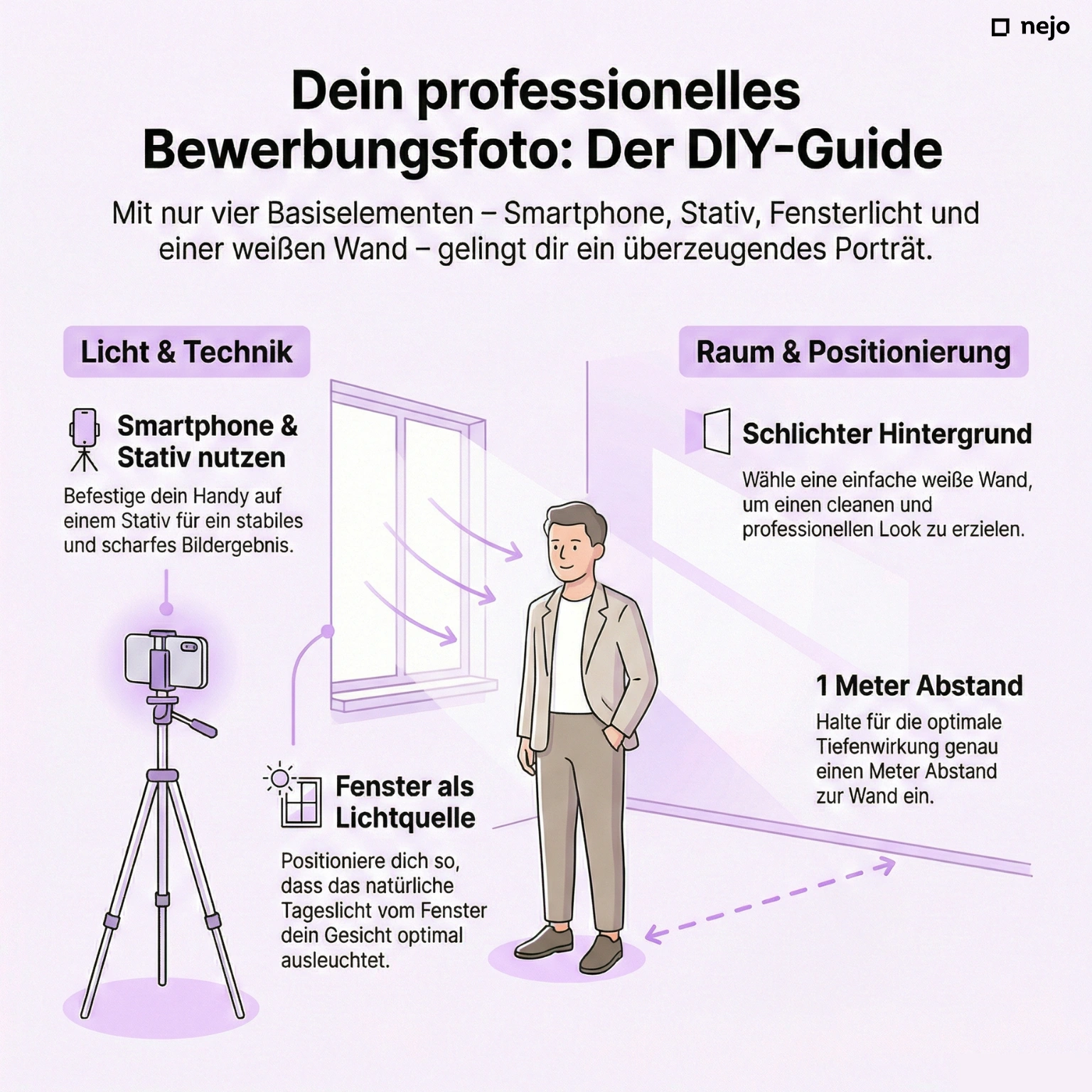 DIY Bewerbungsfoto Setup mit Stativ, Smartphone, Fenster als Lichtquelle und weißer Wand