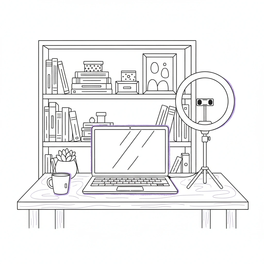 Professionelles Video-Interview Setup mit Laptop, Beleuchtung und aufgeräumtem Hintergrund