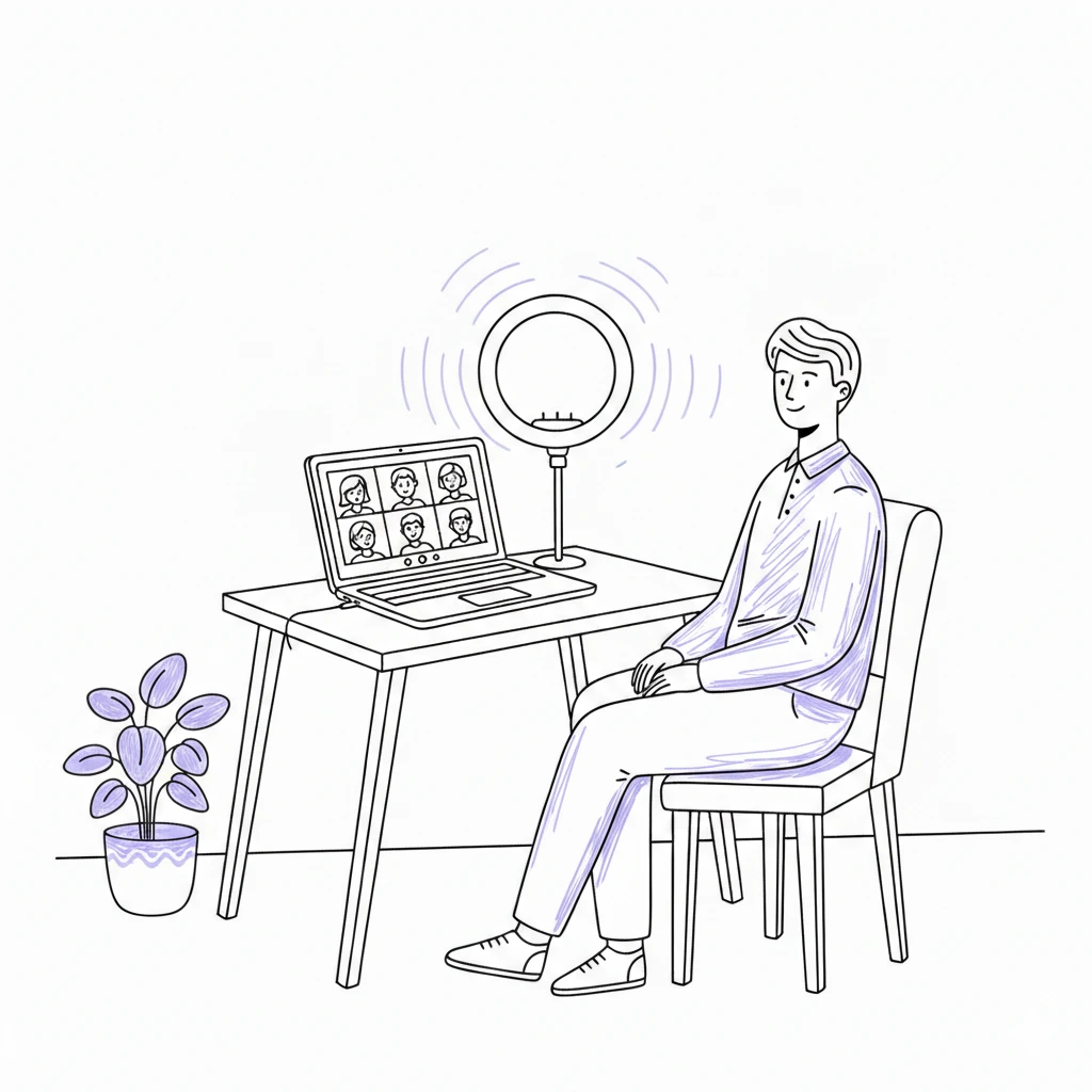 Professionelles Home-Office Video-Interview Setup: Laptop auf Augenhöhe, Ringlicht, neutraler Hintergrund, Person mit guter Haltung vor der Kamera