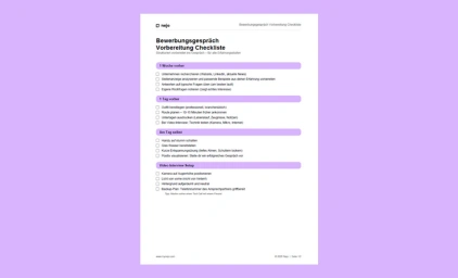 Bewerbungsgespräch Vorbereitung Checkliste als PDF – zweiseitige Übersicht mit allen Vorbereitungsschritten und Platz für persönliche Notizen