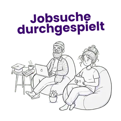 Studentenjobs finden – Illustration von zwei Studierenden bei der Jobsuche mit Laptop und Tablet