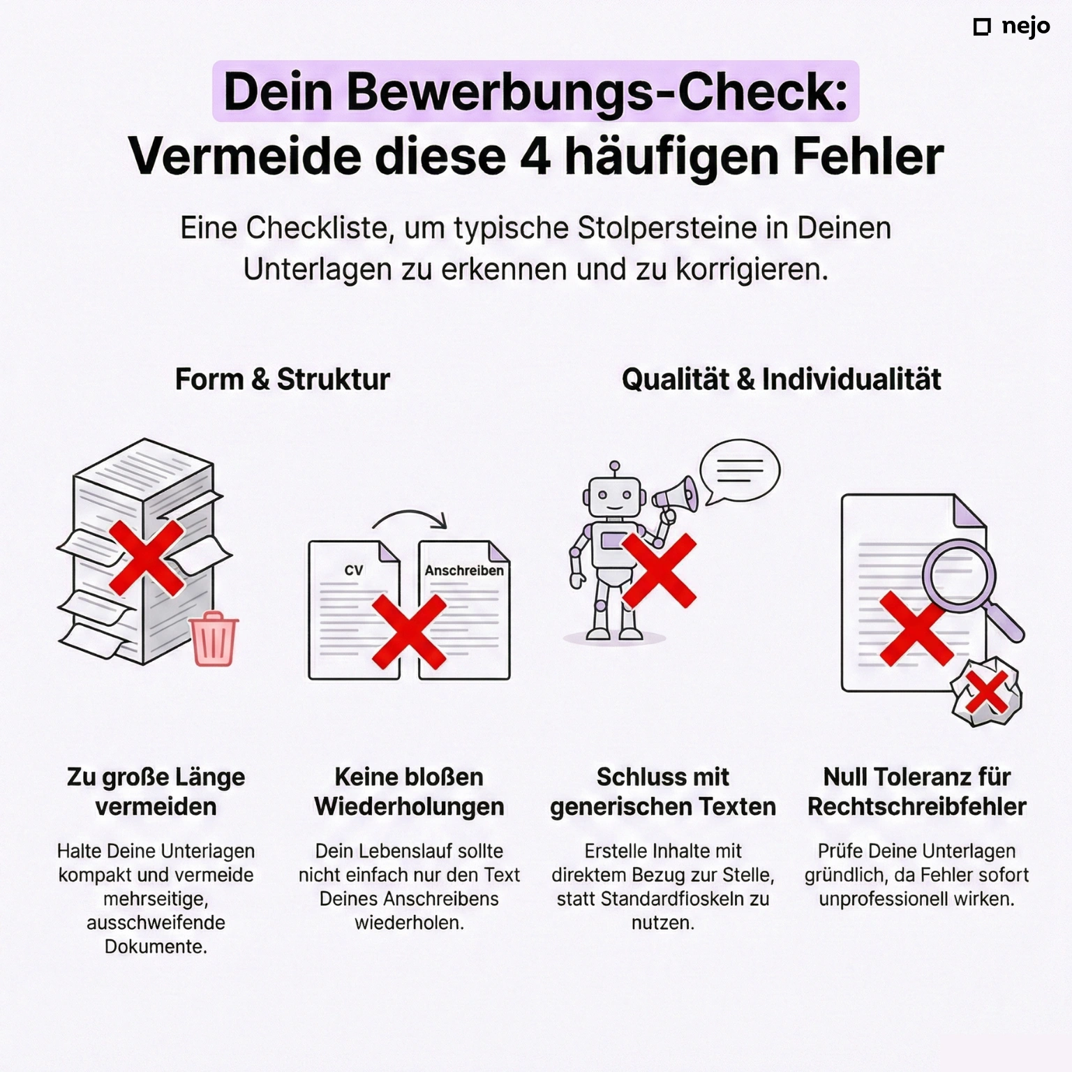 Typische Fehler im Motivationsschreiben mit Beispielen markiert