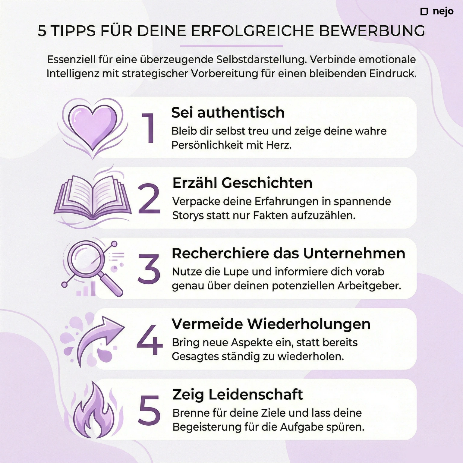 5 Tipps für ein starkes Motivationsschreiben als Icon-Liste