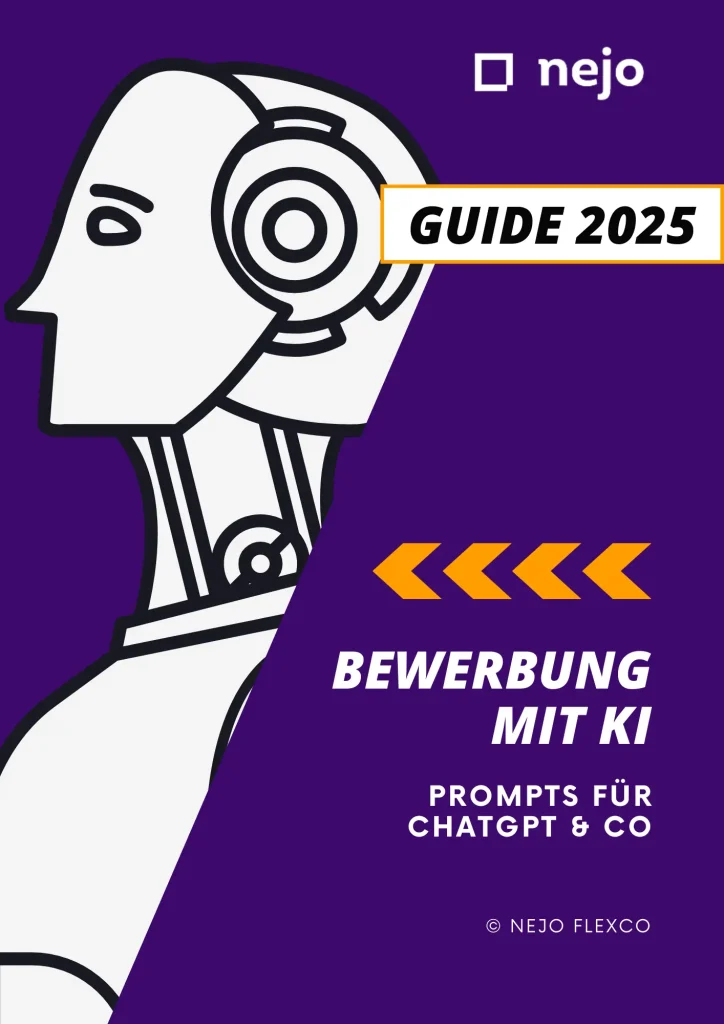 Cover des Nejo-Guides 2026 'Bewerbung mit KI' – Tipps und Prompts für die Nutzung von ChatGPT & Co. im Bewerbungsprozess. Lila Hintergrund mit stilisierter KI-Roboter-Illustration und gelben Pfeilen für modernes Design
