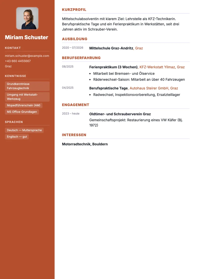 Vorschau der Lebenslauf-Vorlage für die Lehrstellen-Bewerbung