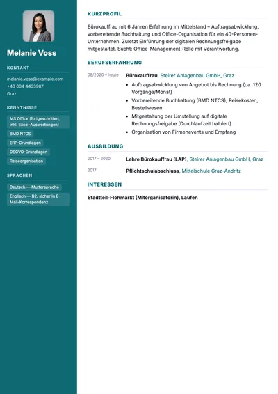 Vorschau der Lebenslauf-Vorlage für Bürokaufleute mit Software und Prozessverantwortung