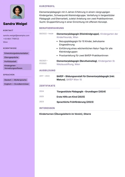 Vorschau der Lebenslauf-Vorlage für Elementarpädagoginnen mit Fortbildungen und Schwerpunkten