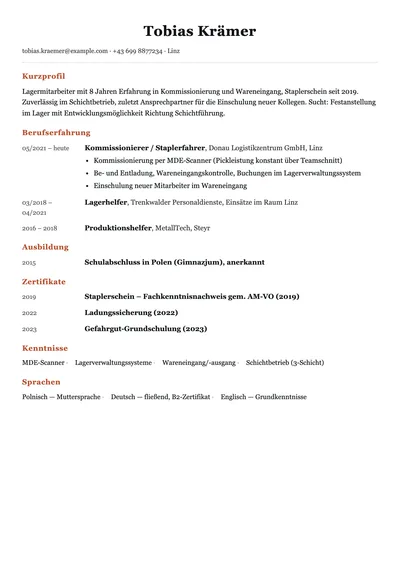 Vorschau der Lebenslauf-Vorlage für Lagermitarbeiter mit Staplerschein und Schichterfahrung