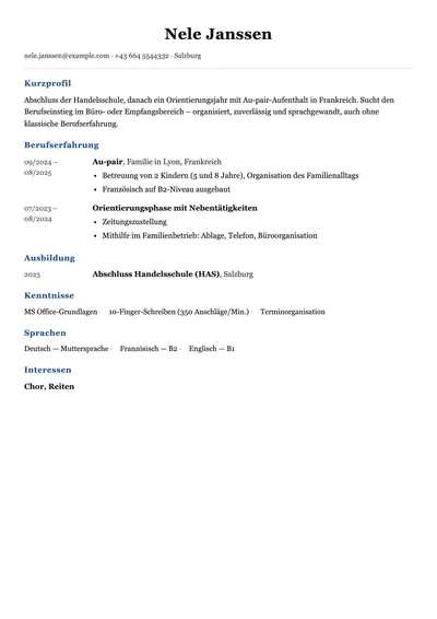Vorschau der Lebenslauf-Vorlage ohne Berufserfahrung