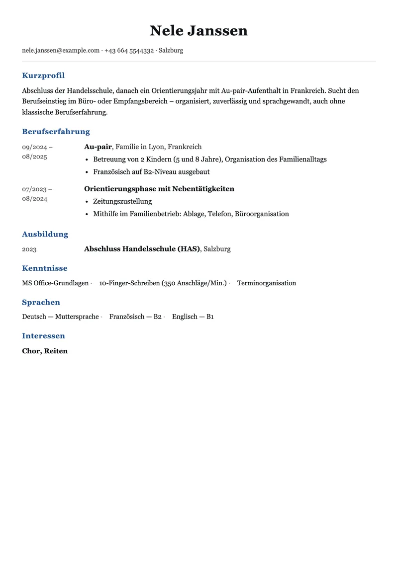 Vorschau der Lebenslauf-Vorlage ohne Berufserfahrung