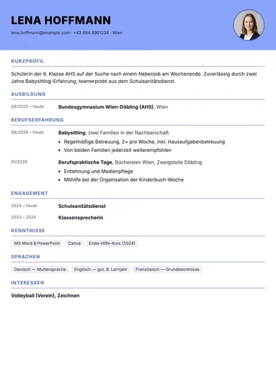 Vorschau der Lebenslauf-Vorlage für Schüler ohne Berufserfahrung