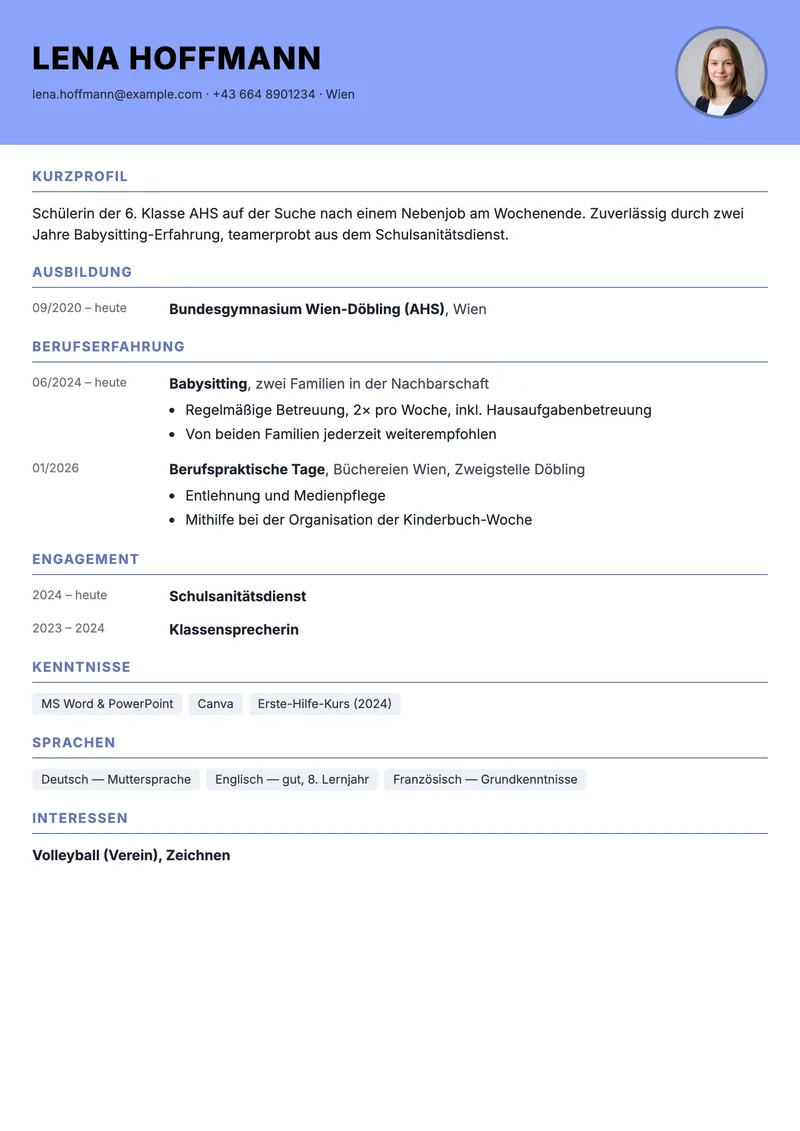 Vorschau der Lebenslauf-Vorlage für Schüler ohne Berufserfahrung