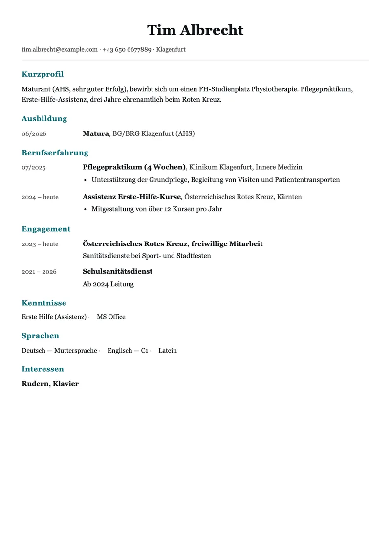 Vorschau der Lebenslauf-Vorlage für die FH-Bewerbung in Österreich