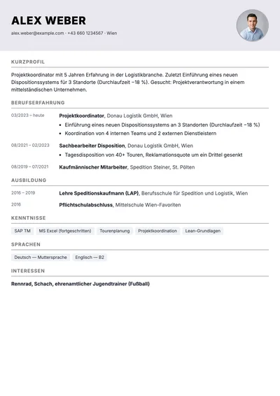 Vorschau der tabellarischen Lebenslauf-Vorlage mit Zeitleiste links und Stationen rechts