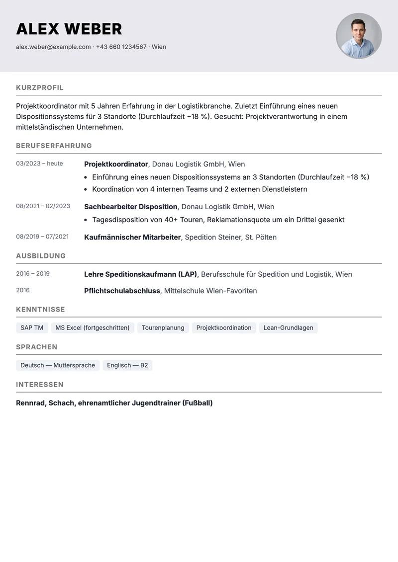 Vorschau der tabellarischen Lebenslauf-Vorlage mit Zeitleiste links und Stationen rechts