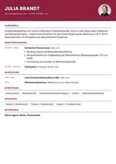 Vorschau der Lebenslauf-Vorlage für Verkäuferinnen im Einzelhandel