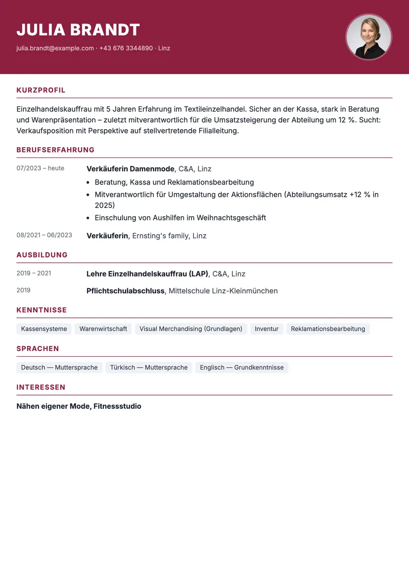 Vorschau der Lebenslauf-Vorlage für Verkäuferinnen im Einzelhandel