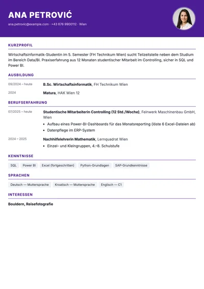 Vorschau der Lebenslauf-Vorlage für Werkstudentenjobs neben dem Studium