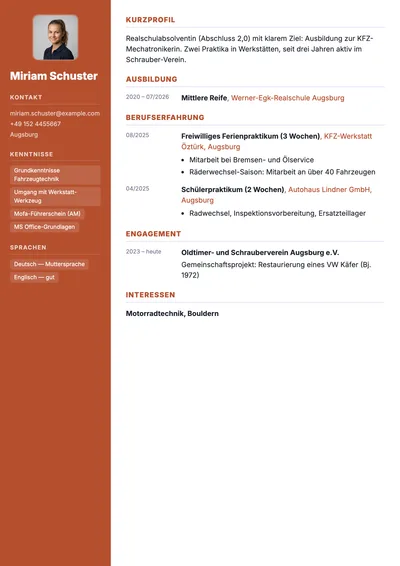 Vorschau der Lebenslauf-Vorlage für die Ausbildungsbewerbung