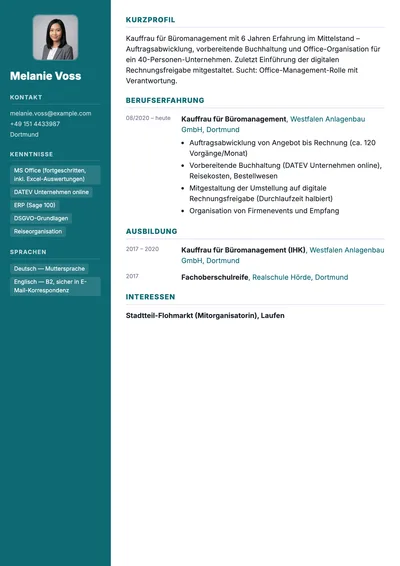 Vorschau der Lebenslauf-Vorlage für Bürokaufleute mit Software und Prozessverantwortung