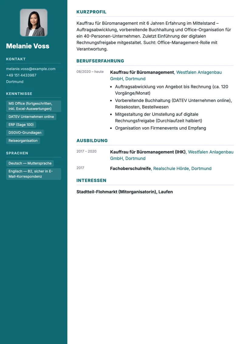 Vorschau der Lebenslauf-Vorlage für Bürokaufleute mit Software und Prozessverantwortung
