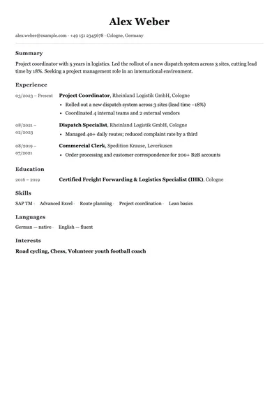 Vorschau der englischen CV-Vorlage mit Summary, Work Experience und Skills