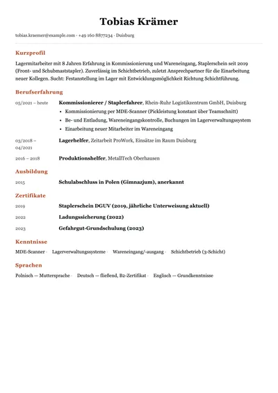 Vorschau der Lebenslauf-Vorlage für Lagermitarbeiter mit Staplerschein und Schichterfahrung