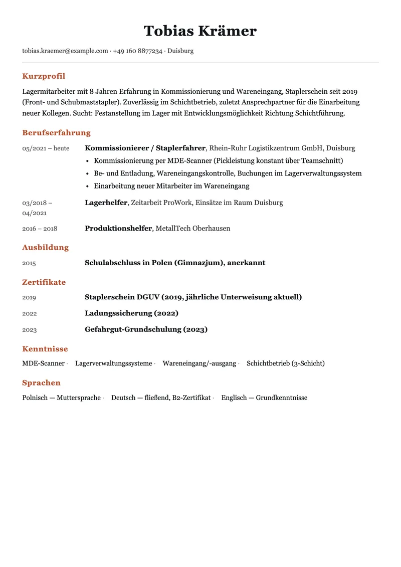 Vorschau der Lebenslauf-Vorlage für Lagermitarbeiter mit Staplerschein und Schichterfahrung