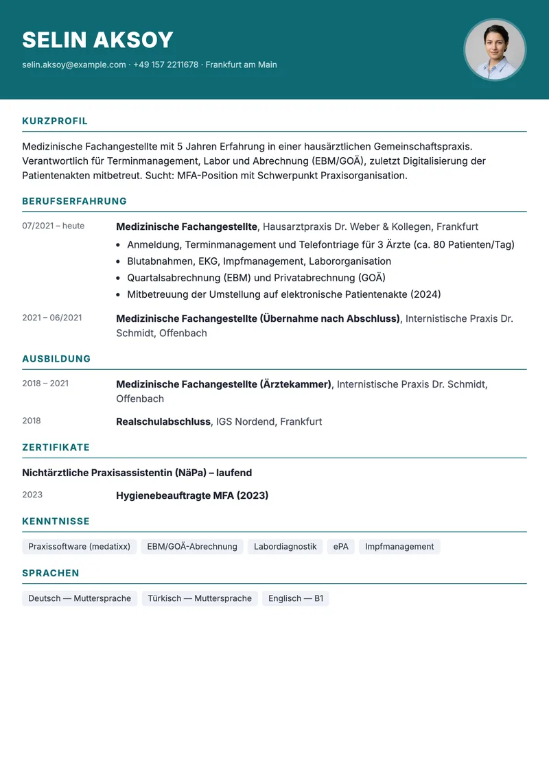 Vorschau der Lebenslauf-Vorlage für Medizinische Fachangestellte mit Abrechnung und Assistenz