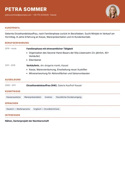 Vorschau der Lebenslauf-Vorlage für einen Minijob auf einer Seite