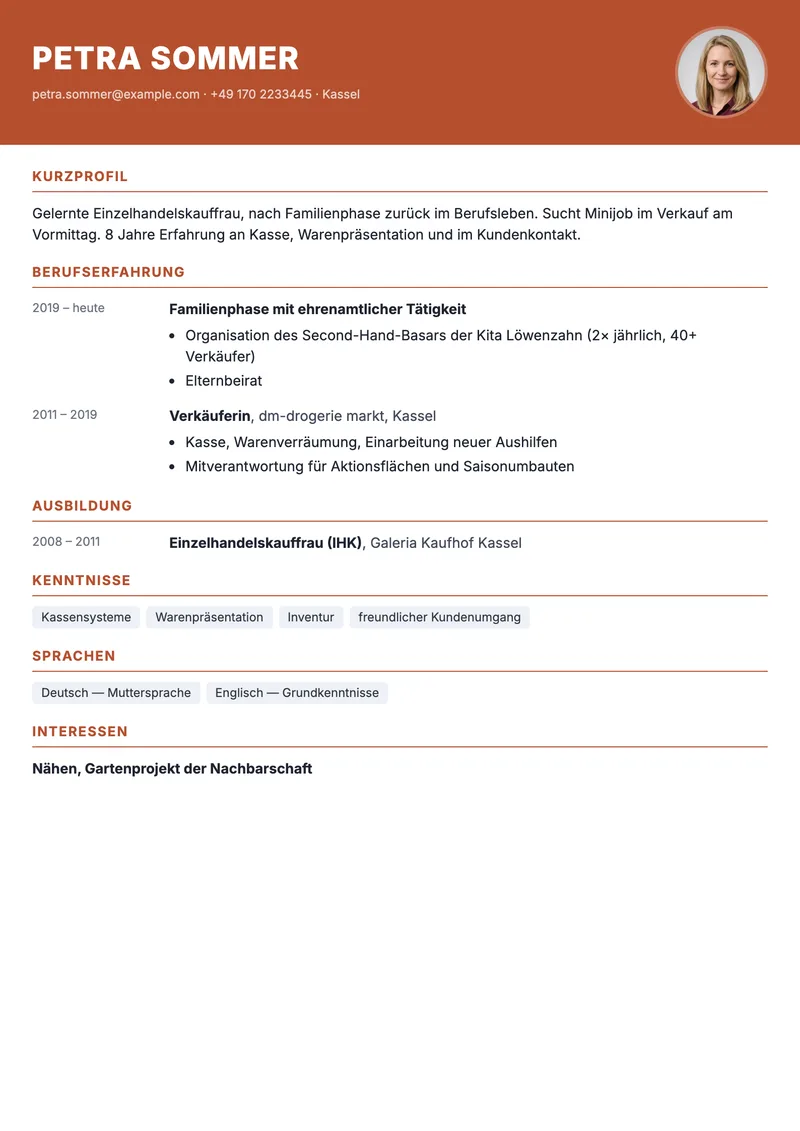 Vorschau der Lebenslauf-Vorlage für einen Minijob auf einer Seite