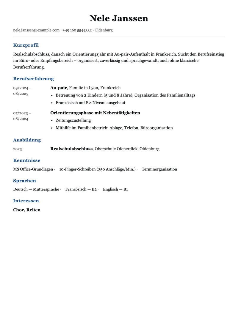 Vorschau der Lebenslauf-Vorlage ohne Berufserfahrung