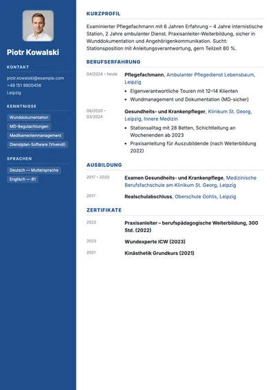 Vorschau der Lebenslauf-Vorlage für Pflegefachkräfte mit Examen und Fortbildungen