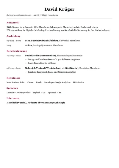 Vorschau der Lebenslauf-Vorlage für ein Praktikum im Studium