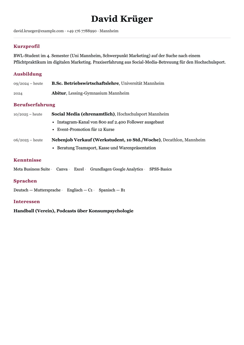 Vorschau der Lebenslauf-Vorlage für ein Praktikum im Studium