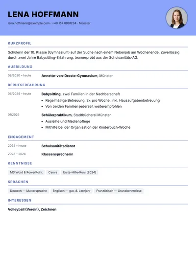 Vorschau der Lebenslauf-Vorlage für Schüler ohne Berufserfahrung
