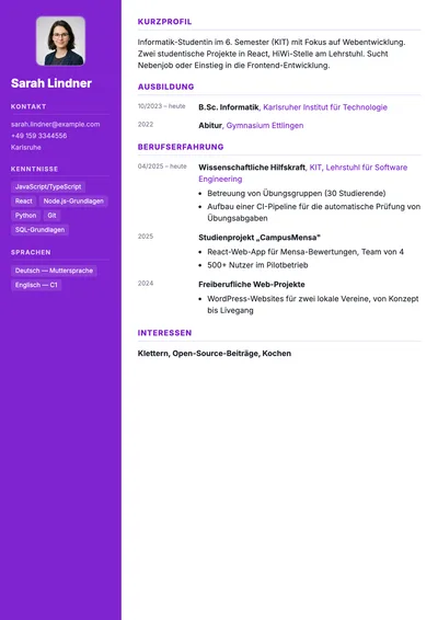 Vorschau der Lebenslauf-Vorlage für Studierende mit Projekten und Praktika