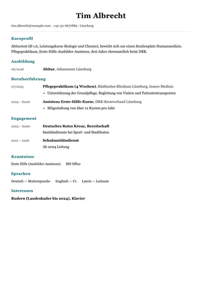 Vorschau der Lebenslauf-Vorlage für die Bewerbung um einen Studienplatz