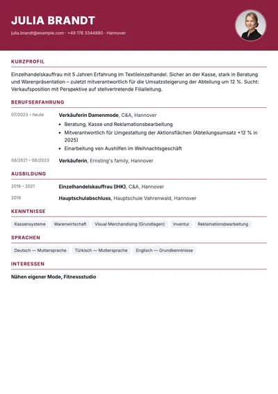 Vorschau der Lebenslauf-Vorlage für Verkäuferinnen im Einzelhandel