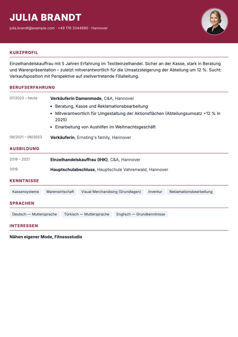 Vorschau der Lebenslauf-Vorlage für Verkäuferinnen im Einzelhandel