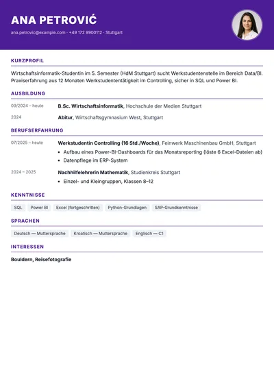 Vorschau der Lebenslauf-Vorlage für Werkstudentenjobs neben dem Studium